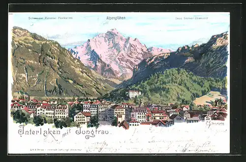 Künstler-Lithographie C. Steinmann: Interlaken, Panorama mit Jungfrau
