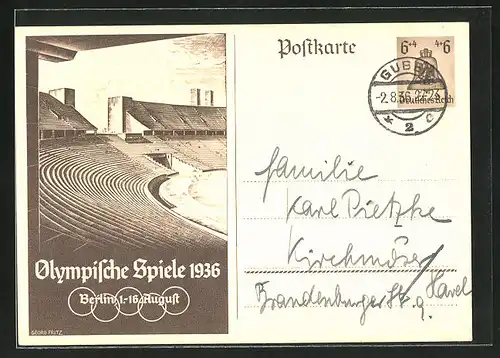 Künstler-AK Berlin, Olympische Spiele, 1936, Tribünen im Stadion, Ganzsache 6+4 Pfg.
