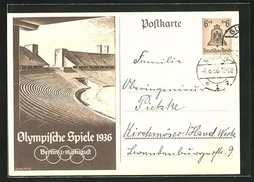 Künstler-AK Berlin, Olympische Spiele, 1936, Tribünen im Olympia-Stadion, Ganzsache 6+4 Pfg.