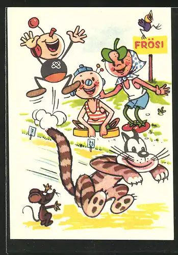 AK DDR-Propaganda, Comicfiguren feuern Katze beim Weitsprung an, Frösi Schild