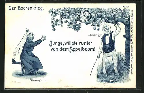 Künstler-AK Erich Kleinhempel: Der Boerenkrieg, Königin Victoria von England fleht C. Rhodes an, vom Baum zu klettern