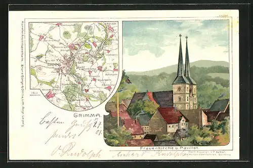 Künstler-AK Bruno Bürger & Ottillie Nr. 2201: Grimma, Landkarte und Blick auf Frauenkirche und Pavillon