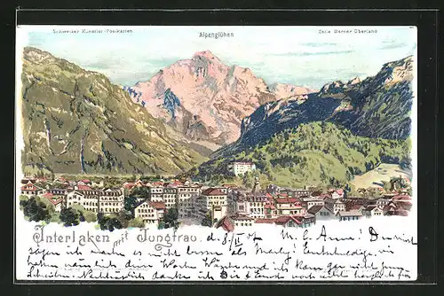 Künstler-AK C. Steinmann: Interlaken, Ortsansicht mit Jungfrau u. Alpenglühen