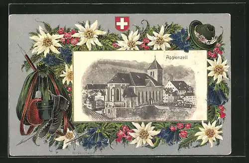 Passepartout-Lithographie Appenzell, Ortspartie und Alpenblumen mit Schweizer Wappen