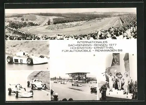 AK Hohenstein-Ernstthal, Internationales Sachsenring-Rennen 1977, Rennwagen, Rennstrecke, Siegerehrung