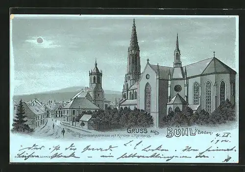 Mondschein-Lithographie Bühl i / Baden, Eisenbahnstasse mit Kirche u. Rathaus