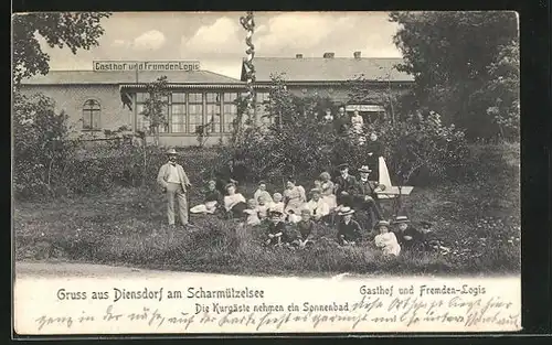 AK Diensdorf am Scharmützelsee, Gasthof und Fremden-Logis, Die Kurgäste nehmen ein Sonnenbad