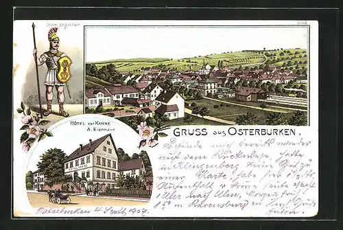 Lithographie Osterburken, Gesamtansicht, Hotel zur Kanne A. Eiermann, Röm. Legionär
