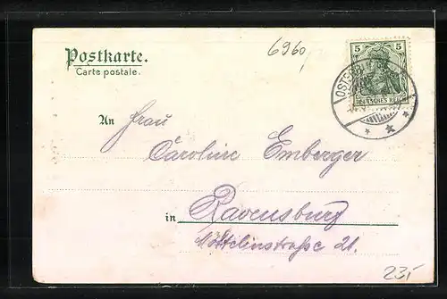 Lithographie Osterburken, Gesamtansicht, Hotel zur Kanne A. Eiermann, Röm. Legionär