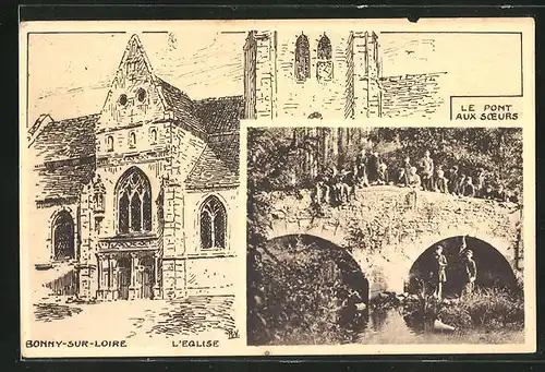 Künstler-AK Bonny-sur-Loire, L'Eglise, Le Pont aux Sceurs