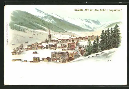 Winter-Lithographie Davos, Wo ist die Schlittenpartie, Bilderrätsel, opt. Täuschung