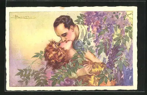Künstler-AK Adolfo Busi: küssendes Paar von Blumen umrahmt