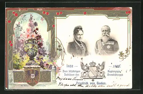 Passepartout-Lithographie 50 jähriges Regierungsjubiläum des Grossherzogs Friedrich von Baden 1902
