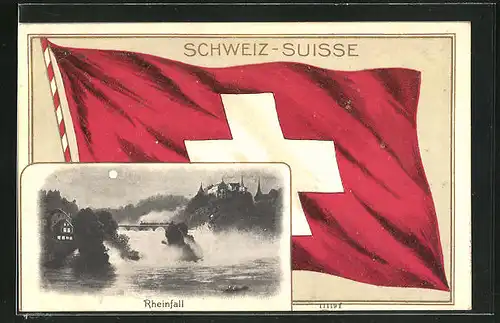Passepartout-Lithographie Schaffhausen, Rheinfall bei Vollmond, Schweizer Flagge