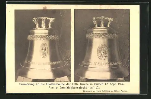 AK Zürich, zwei Glocken, Erinnerung an die Glockenweiher der kath. Kirche in Bülach 1926, Ave und Dreifaltigkeitsglocke