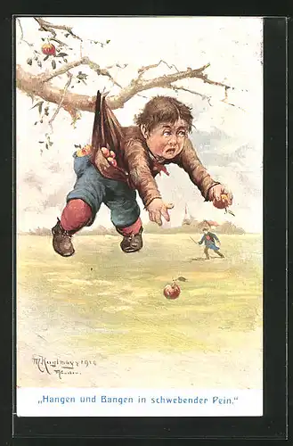 Künstler-AK Max Kuglmayr: Junge mit Äpfeln in den Taschen hängt am Baum