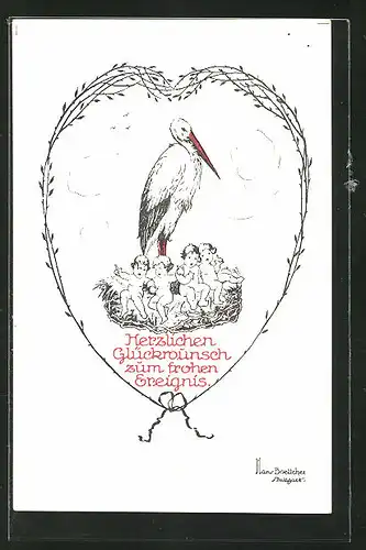 Künstler-AK Hans Boettcher: Storch mit Kindern im Storchennest, Glückwunsch zur Geburt