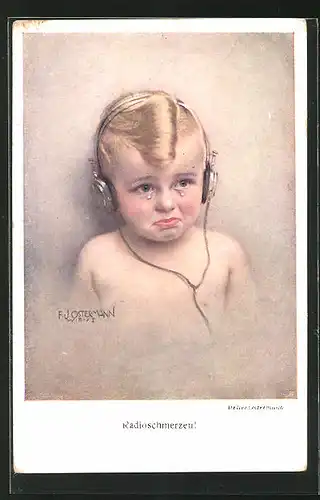 Künstler-AK F. J. Ostermann: Radioschmerzen, Junge mit Kopfhörern