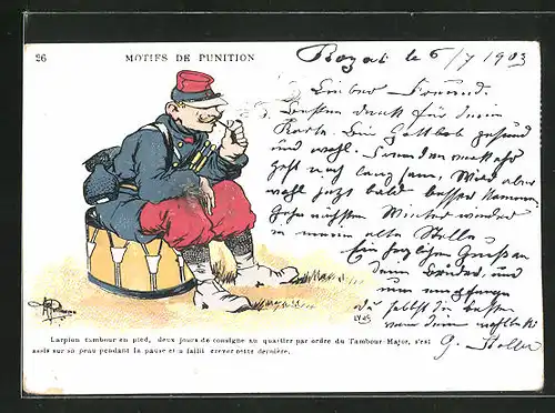 Künstler-AK Albert Guillaume: Motifs de Punition, Soldat raucht Pfeife und sitzt auf einer Trommel