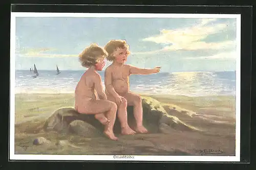 Künstler-AK Wally Fialkowska: Strandkinder, Zwei nackte Kinder am Strand