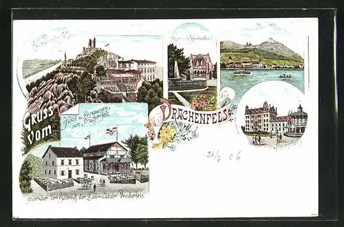 Lithographie Königswinter, Petersberg, Ruine Drachenfels, Hotel u. Restaurant zum Drachenfels