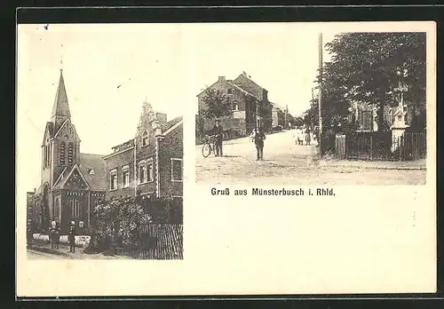 AK Münsterbusch i. Rhld., An der Kirche, Strassenpartie mit Bildstock