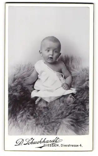 Fotografie D. Schuchhardt, Giessen, Portrait niedliches Baby im weissen Hemd auf Fell sitzend