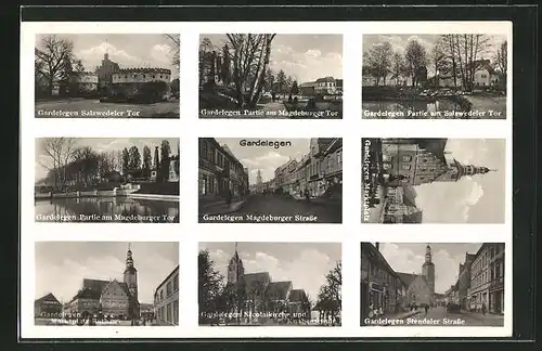 AK Gardelegen, Salzwedeler Tor, Magdeburger Tor, Stendaler Strasse, Marktplatz mit Rathaus