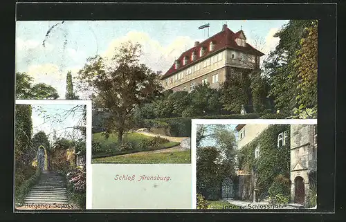 AK Arensburg, Schlossansicht mit Aufgang zum Schloss und Innerer Schlosshof