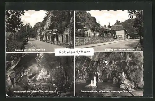 AK Rübeland / Harz, Eingang zur Hermannshöhle, Baumannshöhle, Bärenhöhle mit Kanzel