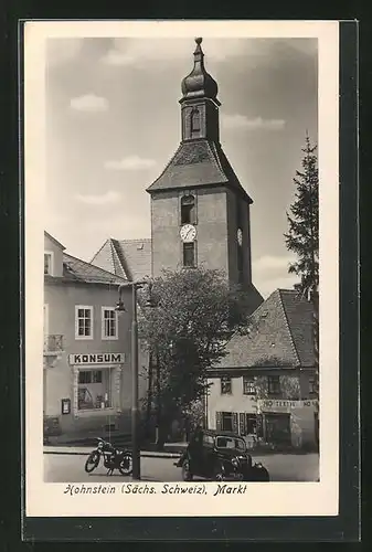 AK Hohnstein (sächs. Schweiz), Markt mit Kirche und Geschäften