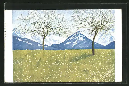 Künstler-AK Eugen Ludwig Hoess: Frühling in den Alpen, Blühende Bäume vor Bergpanorama