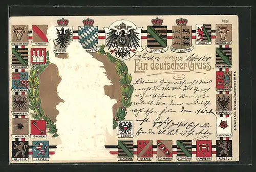Präge-Lithographie Ein deutscher Gruss, Wappen von Schwarzburg, von Waldeck-Pyrmont, etc.