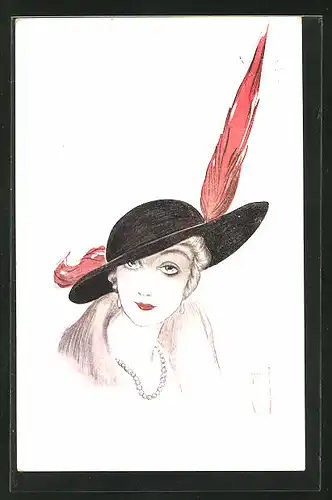Künstler-AK Ernst Deutsch: Dame mit Perlenkette und Hut
