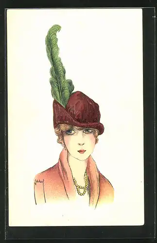 Künstler-AK Ernst Deutsch: Dame mit Perlenkette und Hut