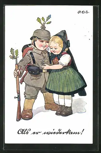 Künstler-AK P. O. Engelhard (P.O.E.): Mädchen betrachtet stolz den jungen Soldaten mit Pickelhaube und Eisernem Kreuz