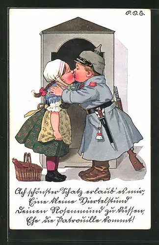 Künstler-AK P. O. Engelhard (P.O.E.): Junger Soldat küsst sein Mädchen am Wachhäuschen