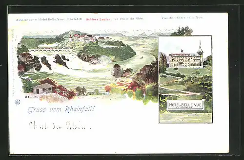 Lithographie Neuhausen, Hotel Bellevue, Schloss Laufen, Rheinfall