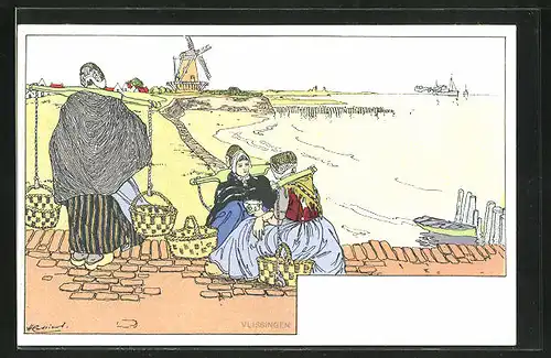 Künstler-AK Henri Cassiers: holländische Frau mit Tragekörben um Schuler, Windmühle