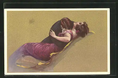 Künstler-AK Tito Corbella: Mann küsst Frau in rotem Kleid leidenschaftlich auf Brust