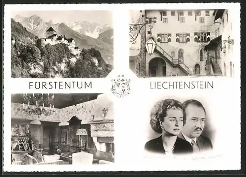 AK Vaduz, Schloss Vaduz, Blick auf Hofeingang, Fürstl. Salon, Fürst Franz Josef II. von und zu Liechtenstein m. Gemahlin