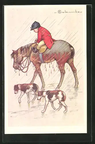 Künstler-AK E. Colombo: Junger Reiter kehrt mit Pferd und Hunden im Regen heim