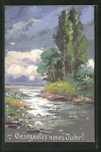Künstler-AK Handgemalt: Landschaft mit Bäumen am Fluss, Neujahrsgruss 1919