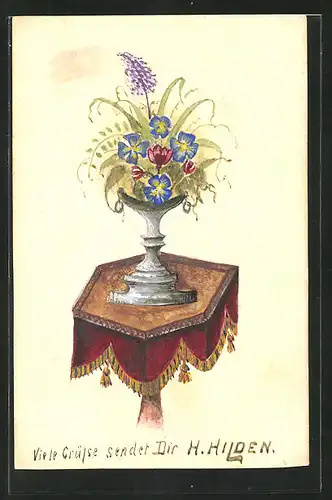 Künstler-AK Handgemalt: Blumenstrauss in einer Vase auf dem Tisch
