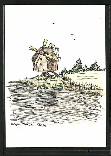 Künstler-AK Handgemalt: Windmühle am Wasser