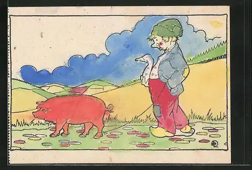 Ausmal-AK Hans im Glück mit Schwein und Gans