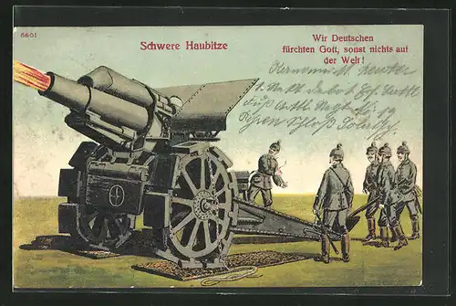 Künstler-AK Bruno Bürger & Ottillie Nr. 8601: Schwere Haubitze, Soldaten in Uniformen mit Geschütz