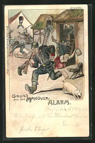 Künstler-Lithographie Bruno Bürger & Ottillie Nr. 6295: Alarm, Gruss aus dem Manöver, Soldatenhumor