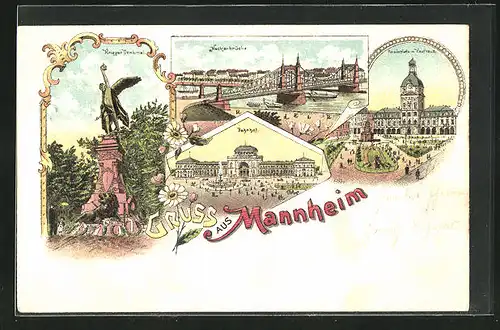 Lithographie Mannheim, Krieger Denkmal, Bahnhof, Neckarbrücke