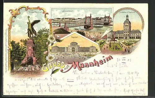 Lithographie Mannheim, Bahnhof, Neckarbrücke, Krieger Denkmal